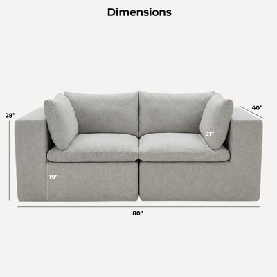 A light gray upholstered loveseat shown with dimension callouts and labels on a plain light background, including width 80 inches, height 28 inches, depth 40 inches, seat width 217 inches, and back cushion depth 217 inches. #color_cottage-gray-terra-knit