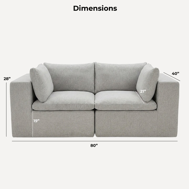 A light gray upholstered loveseat shown with dimension callouts and labels on a plain light background, including width 80 inches, height 28 inches, depth 40 inches, seat width 217 inches, and back cushion depth 217 inches. 