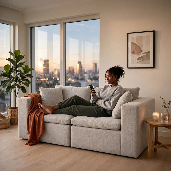 A woman relaxes on a light beige sectional sofa in a modern living room, looking at her phone. The room features a large window with a city skyline at sunset, a potted plant, a small wooden side table with candles, and framed wall art. 