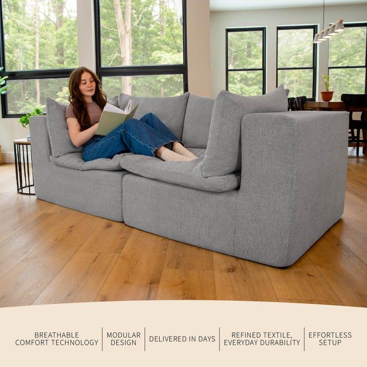 Woman relaxing on a loveseat reading a book with features and benefits listed 