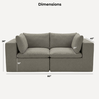 A gray upholstered loveseat shown with dimension callouts and labels on a light gray background, including width 80 inches, height 28 inches, depth 40 inches, seat width 21 inches, and seat depth 19 inches. #color_misty-gray-terra-knit