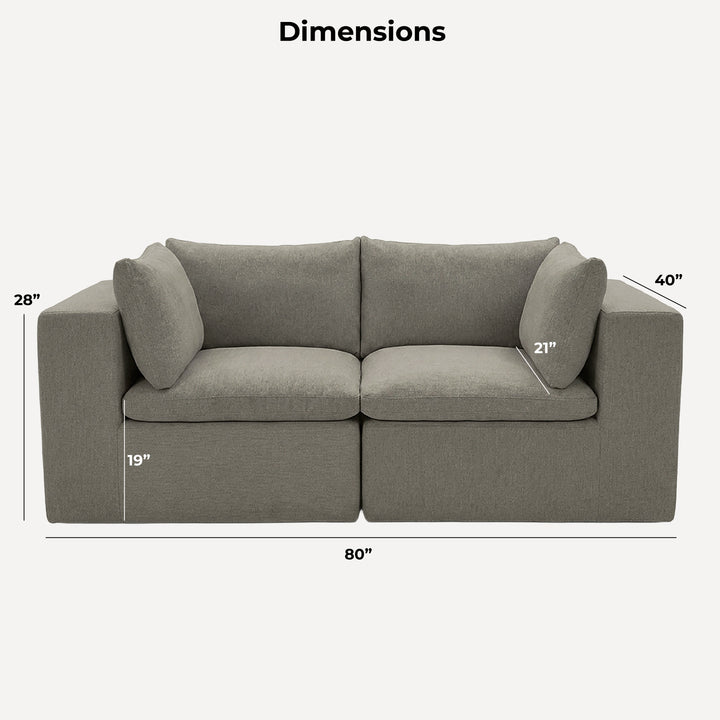 A gray upholstered loveseat shown with dimension callouts and labels on a light gray background, including width 80 inches, height 28 inches, depth 40 inches, seat width 21 inches, and seat depth 19 inches. 
