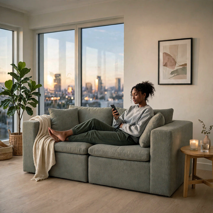 A woman relaxes on a light sage green modular sofa in a modern living room, looking at her phone. The room features large windows with a city skyline at sunset, a potted plant, a small wooden side table with a candle, and framed wall art. 