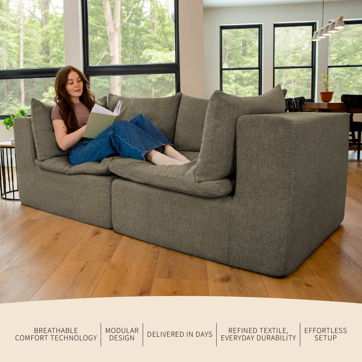 Features and benefits for the Averra Love seat with woman reading on the couch 