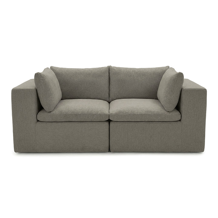 Gray loveseat sofa with curved backrest and armrests on a white background 
