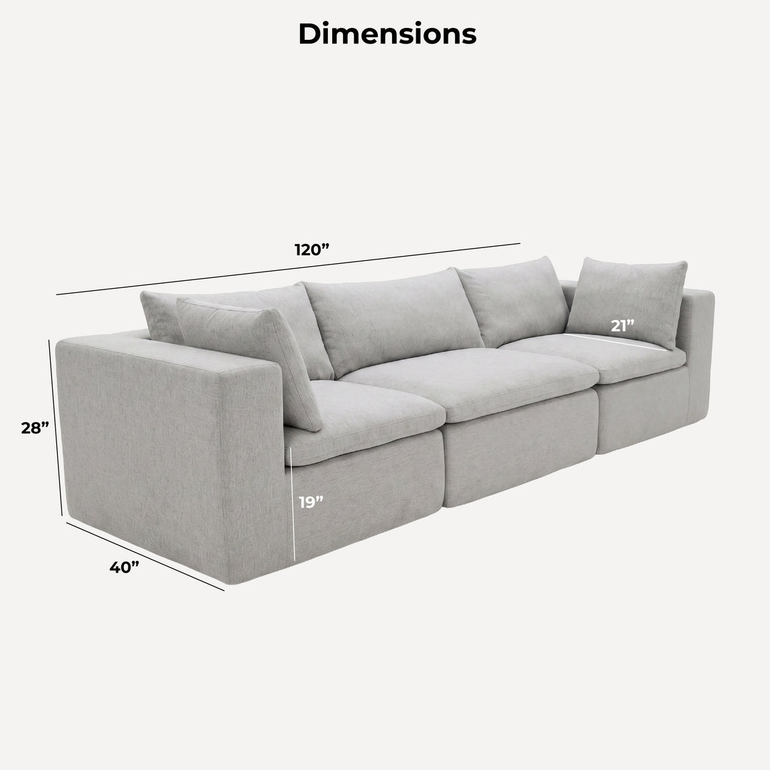 A light gray upholstered sectional sofa shown on a plain light background with dimension lines and labels indicating width, depth, and height measurements. 