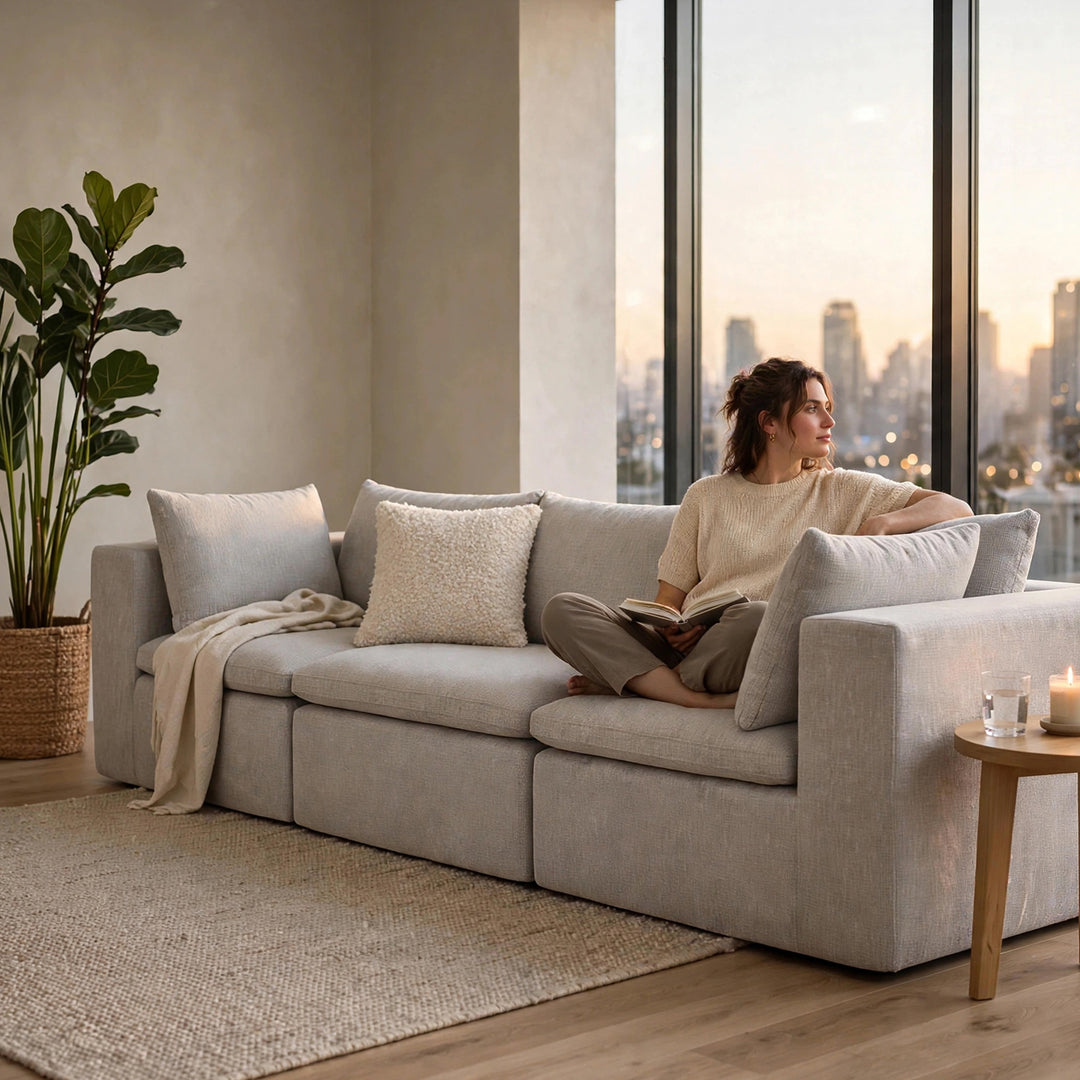 A woman sits cross-legged on a light gray modular sofa in a modern living room, reading a book. The room features a large window with a city skyline view at sunset, a potted green plant, a woven rug, and a small wooden side table with candles. 