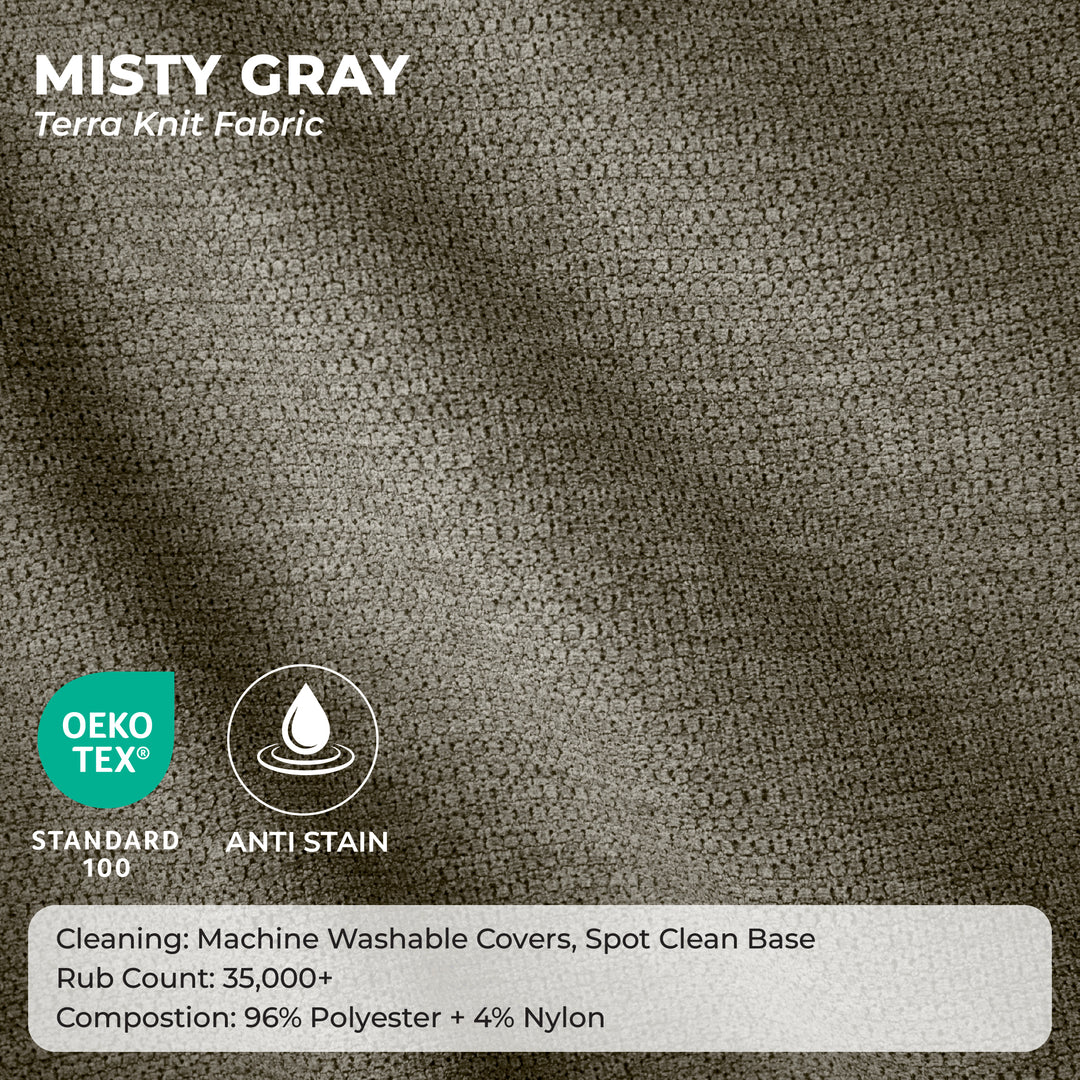A close-up fabric swatch labeled &
