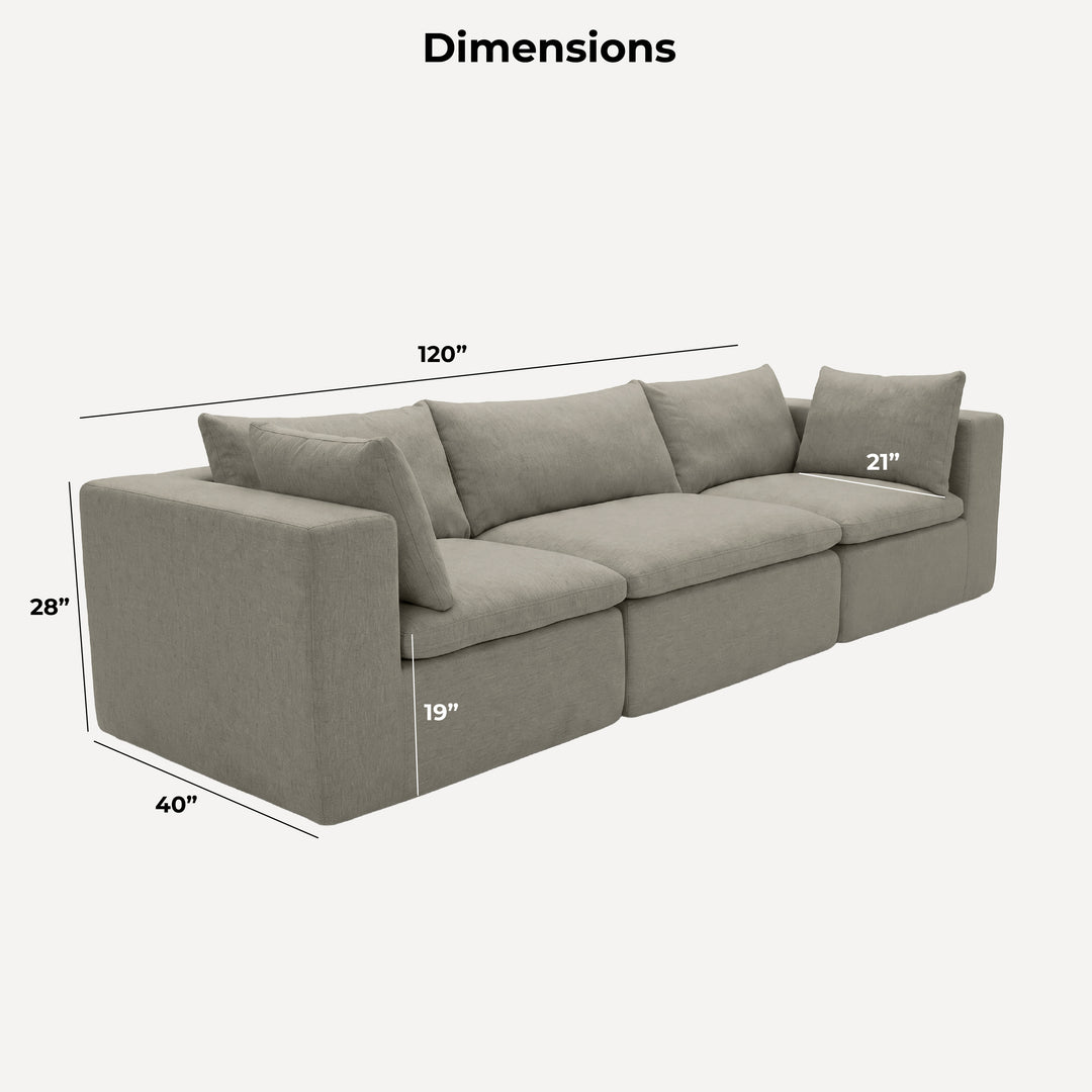 A gray upholstered sectional sofa shown on a light gray background with dimension lines and labels indicating width, depth, and height measurements. 