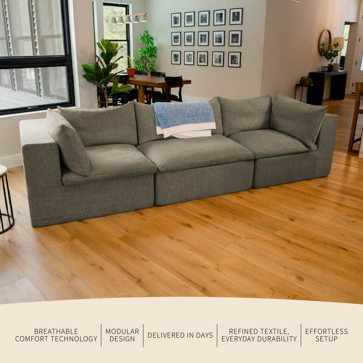 Olive green sectional in living room with features and benefits listed. 