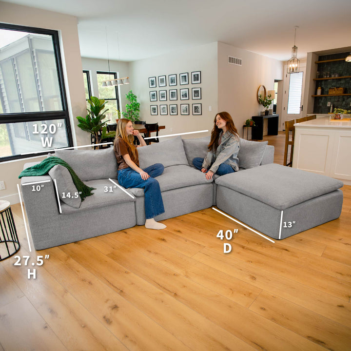 Dimensions of a 4pc sectional sofa with two women sitting on it. 