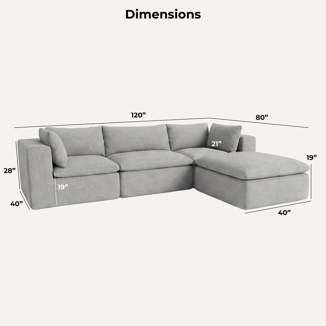 A light gray sectional sofa with a chaise lounge, shown with dimension lines and labels indicating measurements of 120 inches wide, 80 inches deep, 40 inches front, 28 inches height, 40 inches side, 19 inches chaise depth, and 21 inches cushion height. 