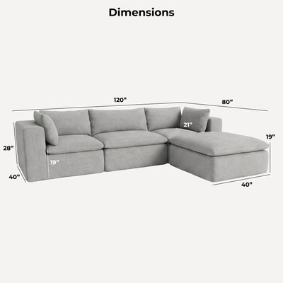 A light gray sectional sofa with a chaise lounge, shown with dimension lines and labels indicating measurements of 120 inches wide, 80 inches deep, 40 inches front, 28 inches height, 40 inches side, 19 inches chaise depth, and 21 inches cushion height. 