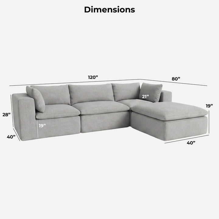 A light gray sectional sofa with a chaise lounge, shown with dimension lines and labels indicating measurements of 120 inches wide, 80 inches deep, 40 inches front, 28 inches height, 40 inches side, 19 inches chaise depth, and 21 inches cushion height. 