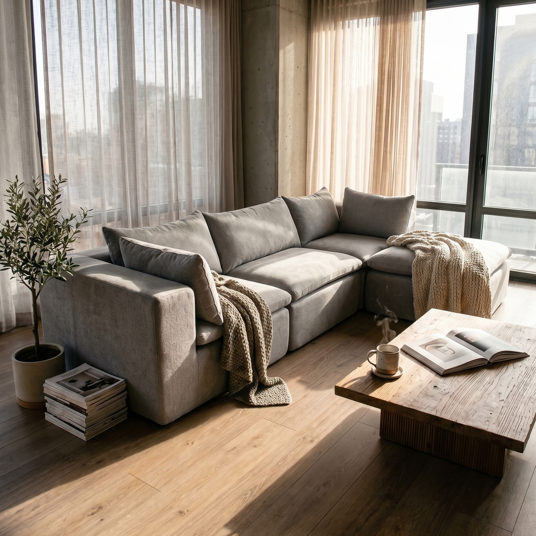 Modern living room with a gray sectional sofa, wooden coffee table, and large windows. #color_cottage-gray-terra-knit