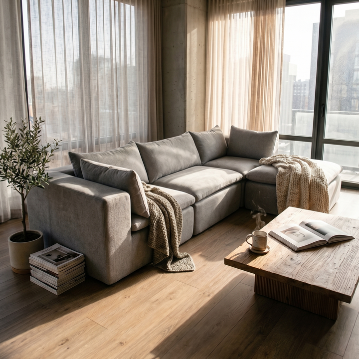 Modern living room with a gray sectional sofa, wooden coffee table, and large windows. 