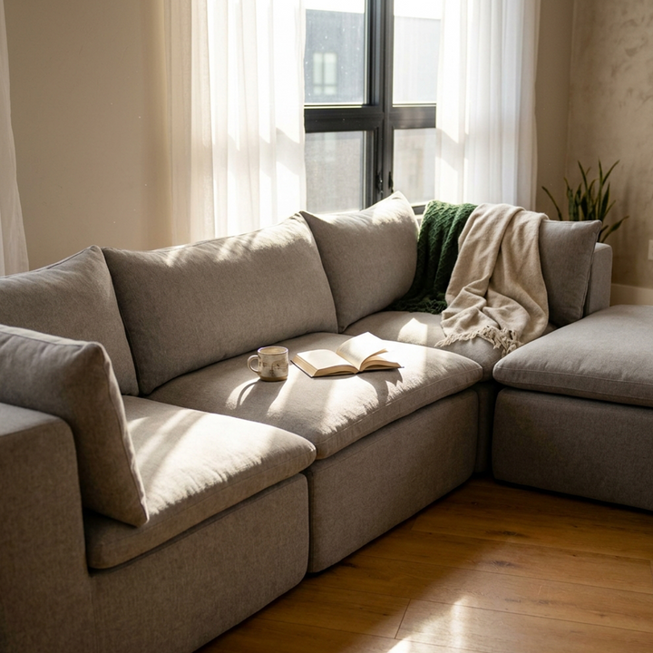 Soft light enters room over the sectional sofa with wood flooring 