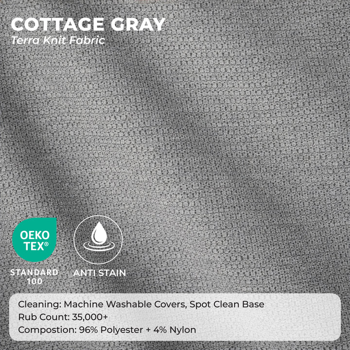 Gray terracotta knit fabric texture with printed text reading &
