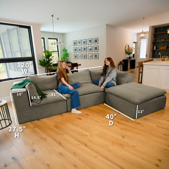 Gray sectional sofa in a living room with dimensions labeled 