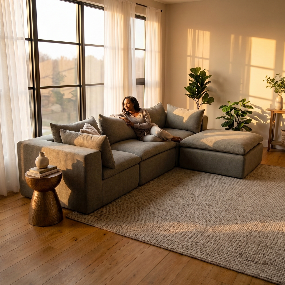 Woman enjoying the sunset on her pillow-top modular sectional couch 