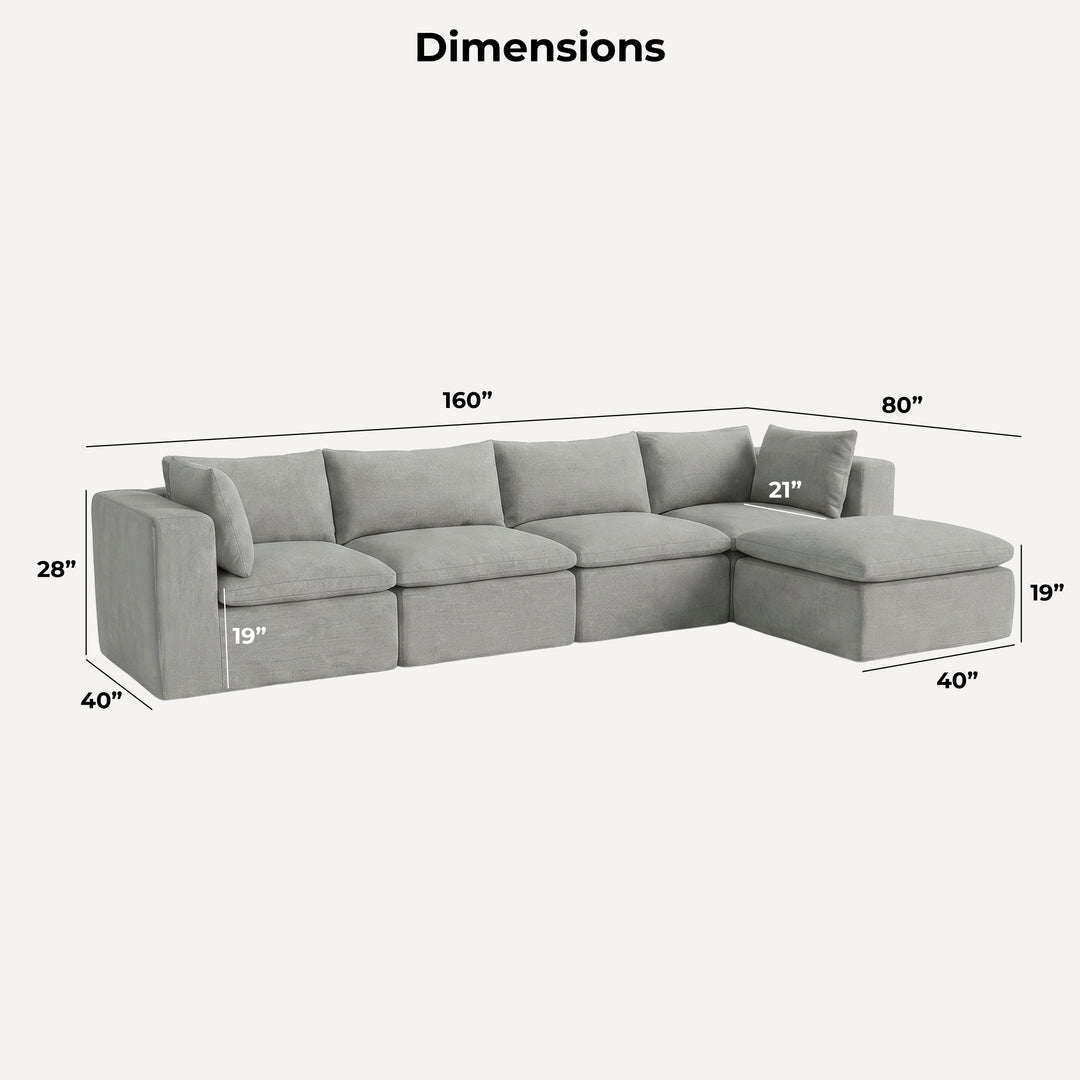A light gray sectional sofa shown with dimension lines and labels indicating width, depth, and height measurements on a plain light background. 