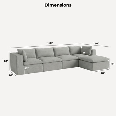 A light gray sectional sofa shown with dimension lines and labels indicating width, depth, and height measurements on a plain light background. #color_cottage-gray-terra-knit