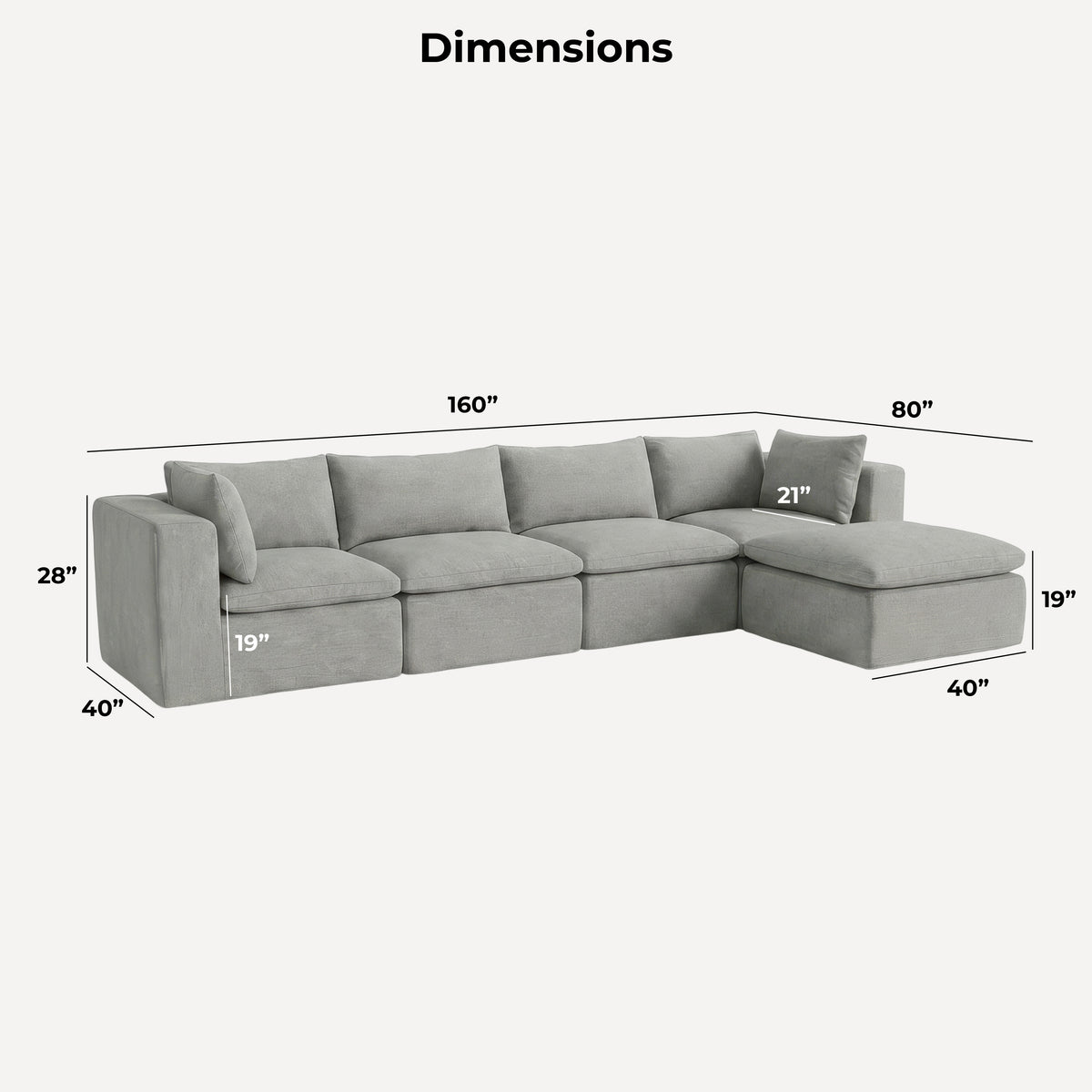 A light gray sectional sofa shown with dimension lines and labels indicating width, depth, and height measurements on a plain light background. #color_cottage-gray-terra-knit