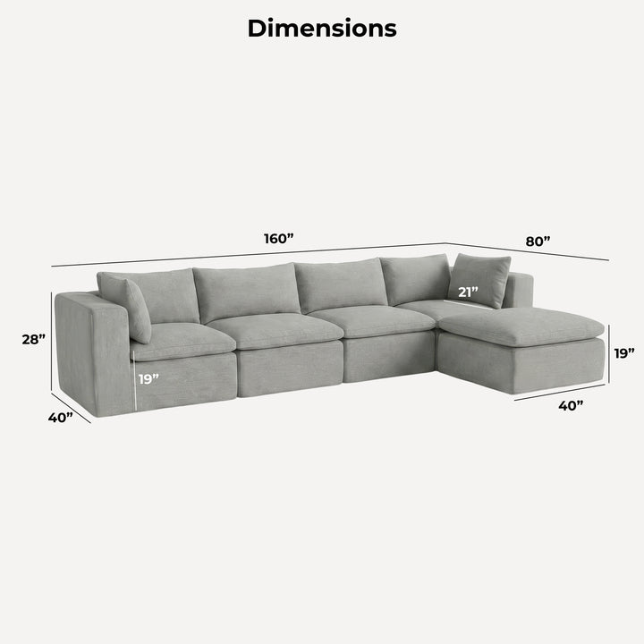 A light gray sectional sofa shown with dimension lines and labels indicating width, depth, and height measurements on a plain light background. 