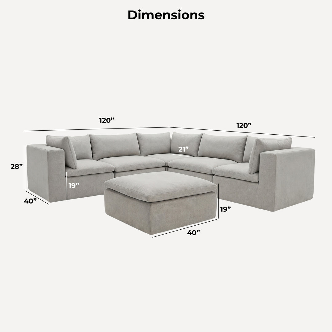 A light gray sectional sofa with an ottoman shown on a plain light background, with dimension lines and labels indicating width, height, and depth measurements. 