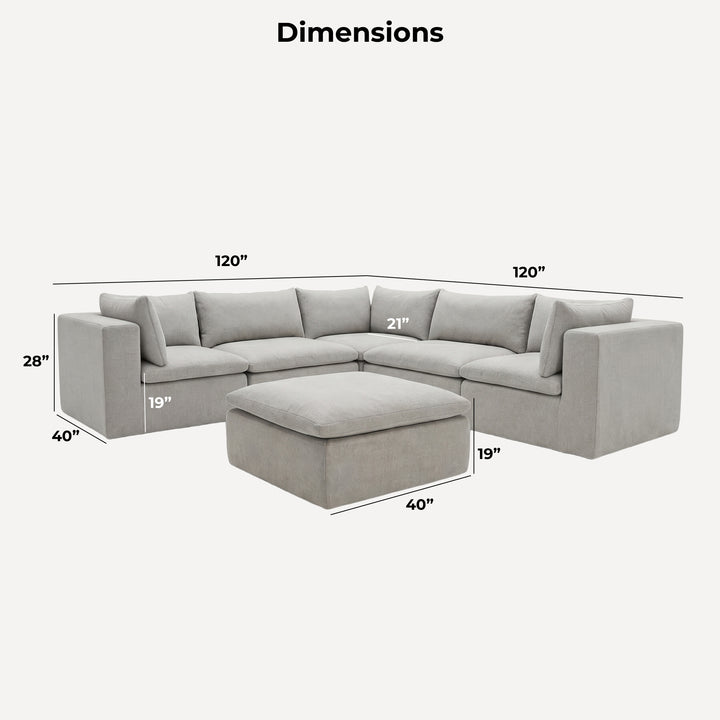 A light gray sectional sofa with an ottoman shown on a plain light background, with dimension lines and labels indicating width, height, and depth measurements. 