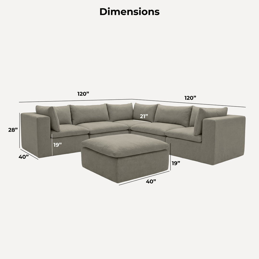A sectional sofa with an ottoman shown on a light gray background with dimension lines and labels indicating width, height, and depth measurements. 