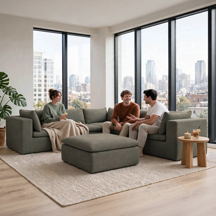 A three-person sectional sofa set in a bright, modern living room with large windows overlooking a city skyline. The set includes a low-profile sectional sofa, a matching ottoman, a light beige rug, and a small wooden side table. 