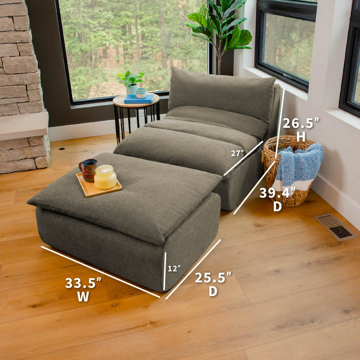 Gray sectional sofa with dimensions labeled in a living room setting. 