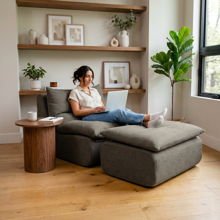 Woman using a laptop on a gray sectional sofa in a modern living room. 