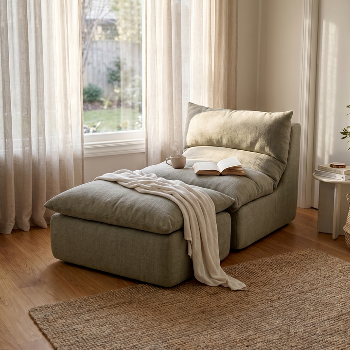 Cozy reading nook with a cushioned chair, blanket, and book in a softly lit room. 