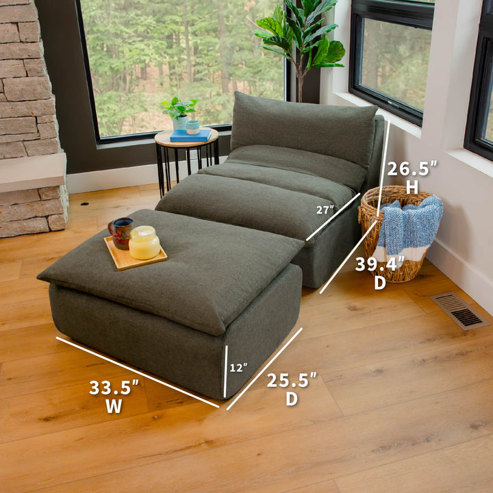 Gray sectional sofa with dimensions labeled in a living room setting. 
