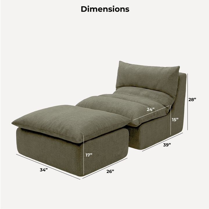 An olive green fabric chaise lounge chair with dimension labels showing its measurements (34 x 26 x 17 inches for the footrest, 39 x 24 x 15 inches for the seat area, and 28 x 39 x 26 overall). 