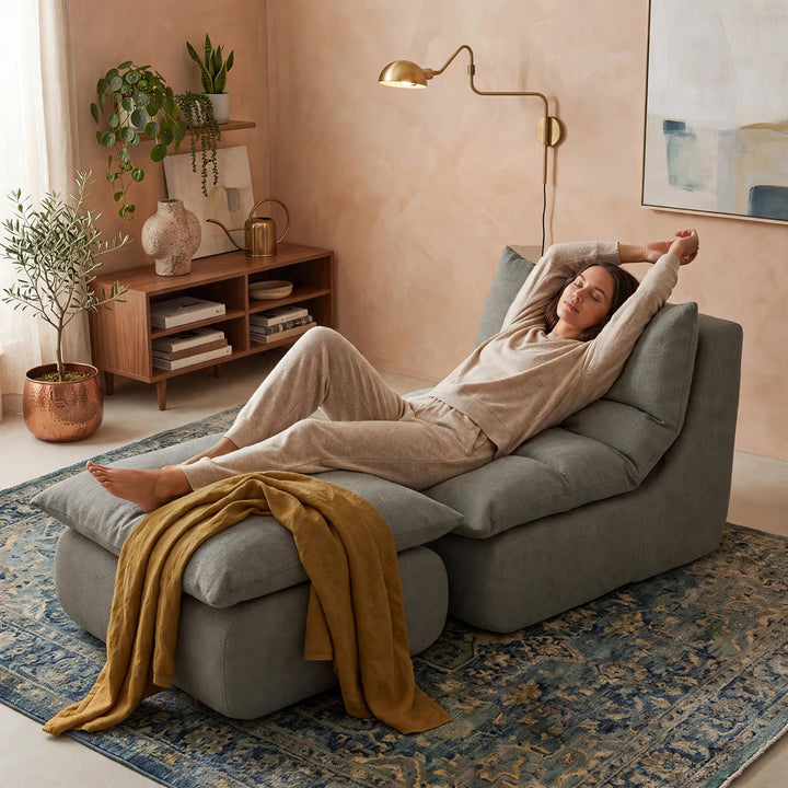 A woman relaxes reclining on a modern gray upholstered lounge chair in a styled living room with a mustard yellow throw blanket draped over the armrest. 