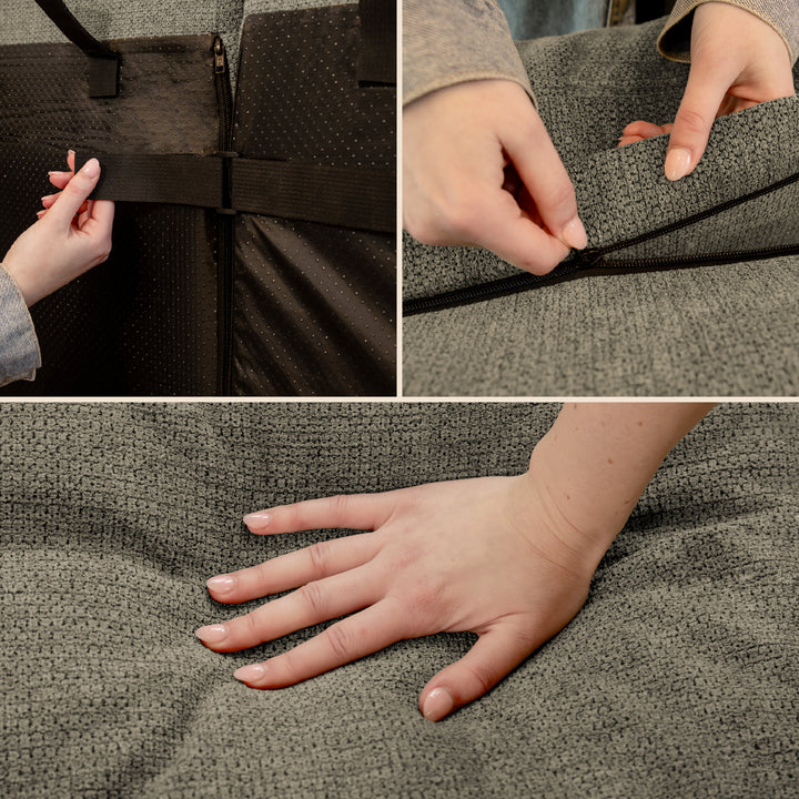 Collage of hands adjusting a strap on the driftscape sofa. 