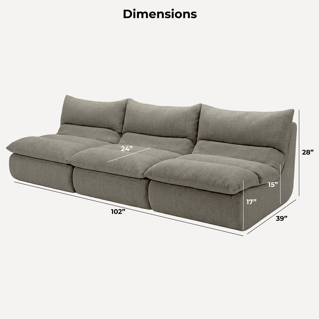 A gray upholstered three-seat sofa shown on a light gray background with dimension lines and labels indicating width, depth, and height measurements. 