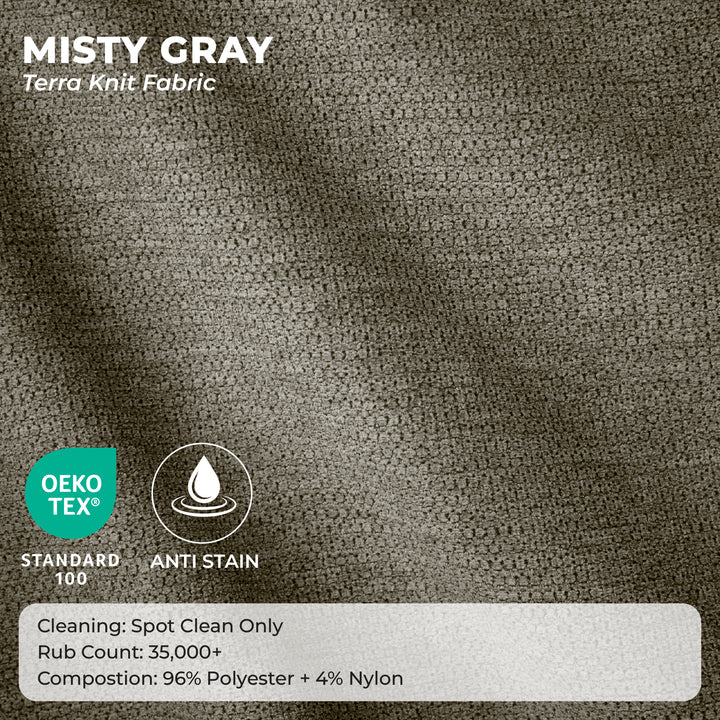 Misty Gray Terra Knit Fabric with Oeko-Tex and Anti Stain icons on a gray background 