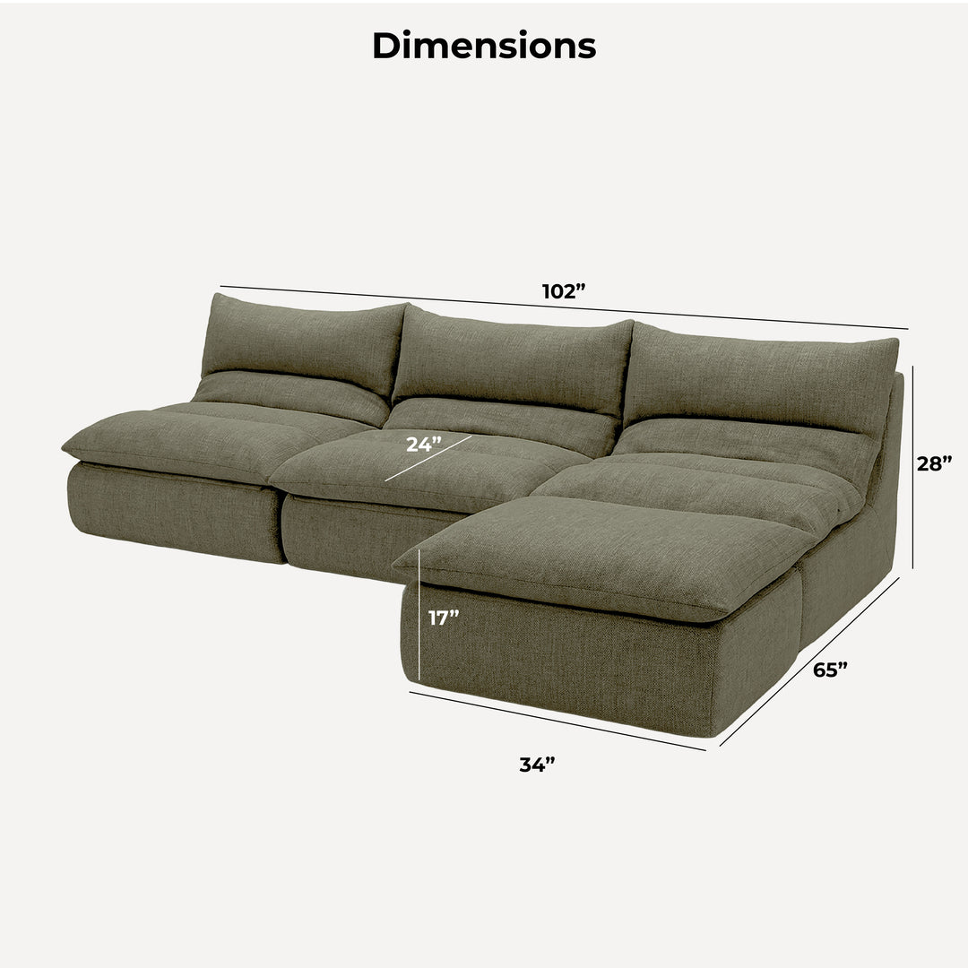 A sectional sofa shown on a light gray background with dimension lines and labels indicating width, height, and depth measurements. 