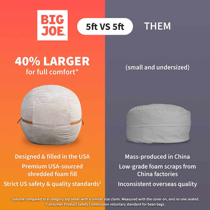 Comparison of Big Joe bean bag with text highlighting features and quality differences. #color_black-licorice-corded-plush