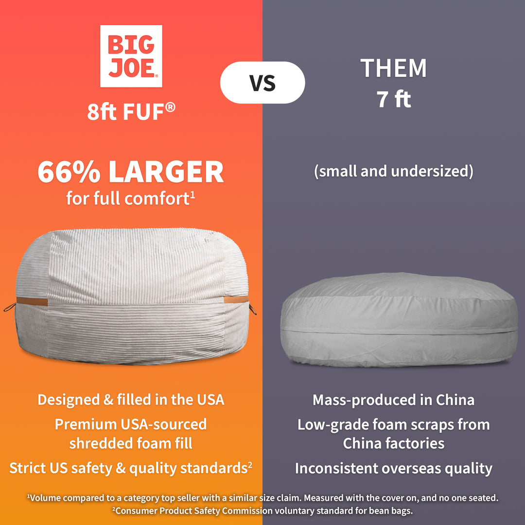 Comparison between a 8ft FUF bean bag and a 7ft bean bag, highlighting features and quality differences.  #color_vanilla-latte-corded-plush