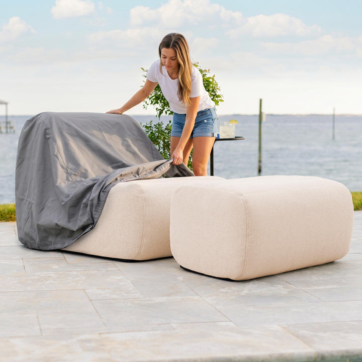 Solvana Weather Protective Covers for the Link Chair putting the cover on 