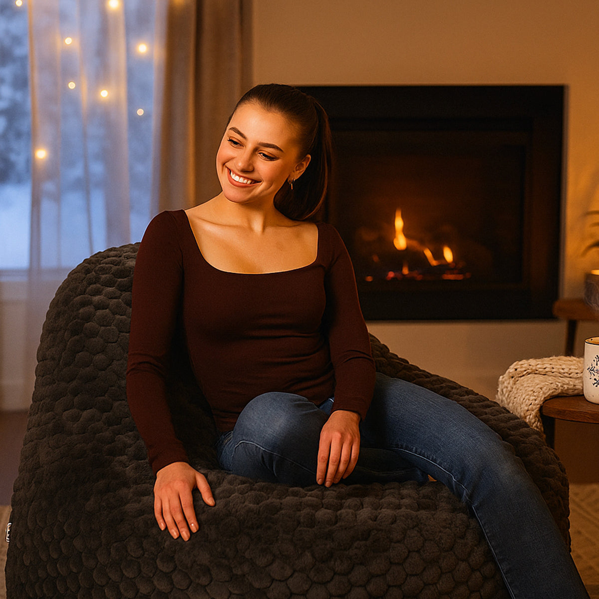 Woman sitting on a textured chair in a cozy room with a fireplace. 