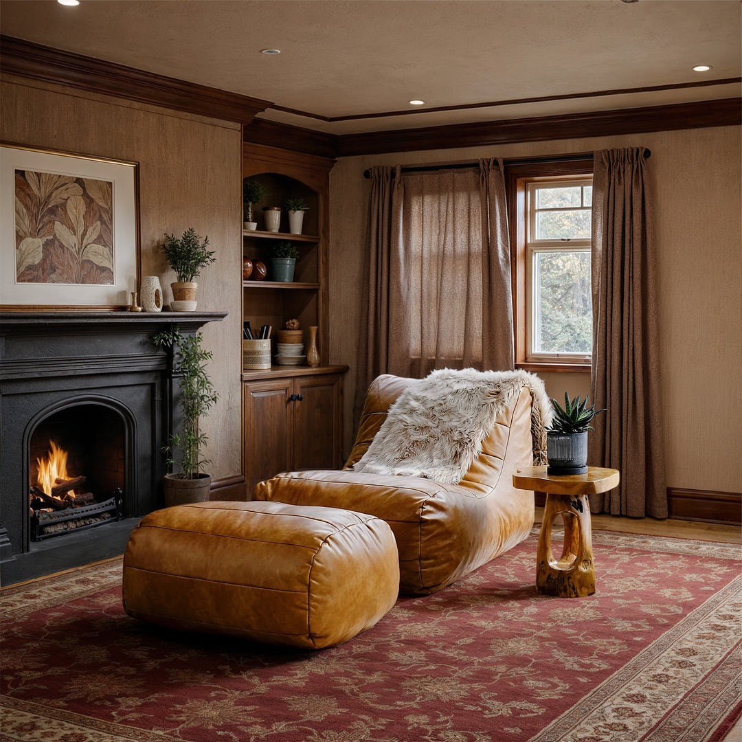 Cozy living room with a fireplace, armchair, and ottoman. #color_copper-harbor-premium-vegan-leather