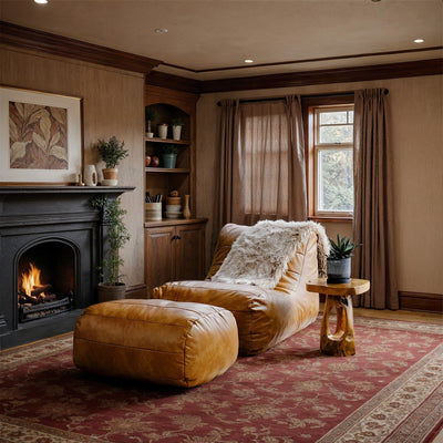 Cozy living room with a fireplace, armchair, and ottoman.  