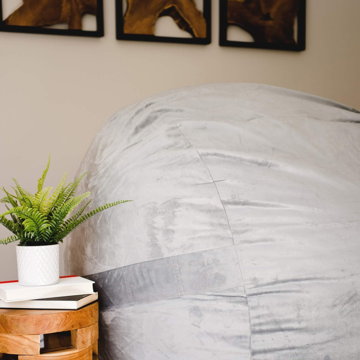 Fuf large grey plush foam beanbag chair in living room 