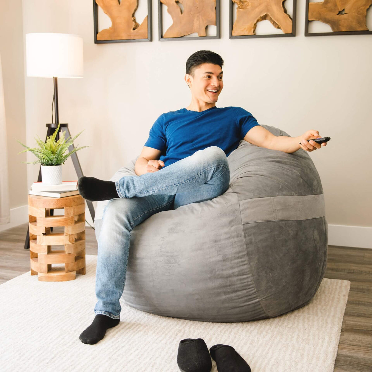 Fuf large grey plush foam beanbag chair 